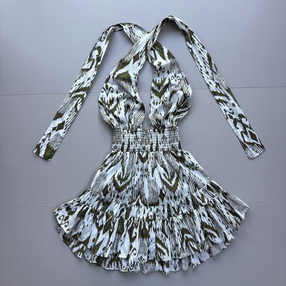 MISA Los Angeles Tula Halter Mini Dress Women XS Smocked Waist Tropical Vacation - Picture 3 of 10